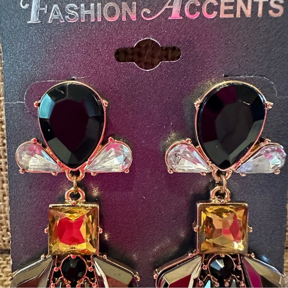 NWT Fashion Accents Earrings gold w/ black, yellow, topaz, clear jewel clusters - Picture 7 of 9
